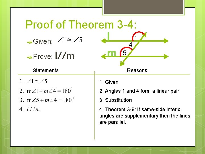 Proof of Theorem 3 -4: Given: Prove: l//m l m Statements 4 1 5