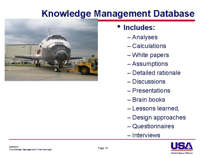 Knowledge Management Database • Includes: – Analyses – Calculations – White papers – Assumptions