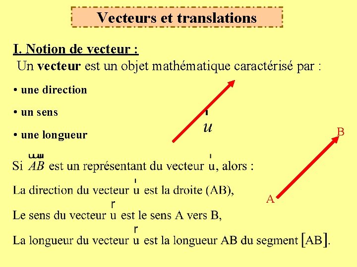 Vecteurs et translations I. Notion de vecteur : Un vecteur est un objet mathématique