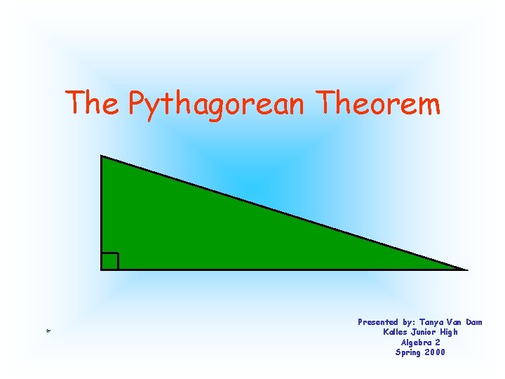 The Pythagorean Theorem Presented by: Tanya Van Dam Kalles Junior High Algebra 2 Spring