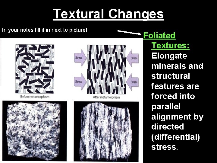 Textural Changes In your notes fill it in next to picture! Foliated Textures: Elongate