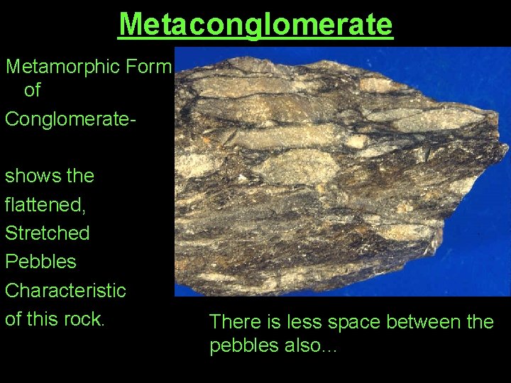 Metaconglomerate Metamorphic Form of Conglomerateshows the flattened, Stretched Pebbles Characteristic of this rock. There