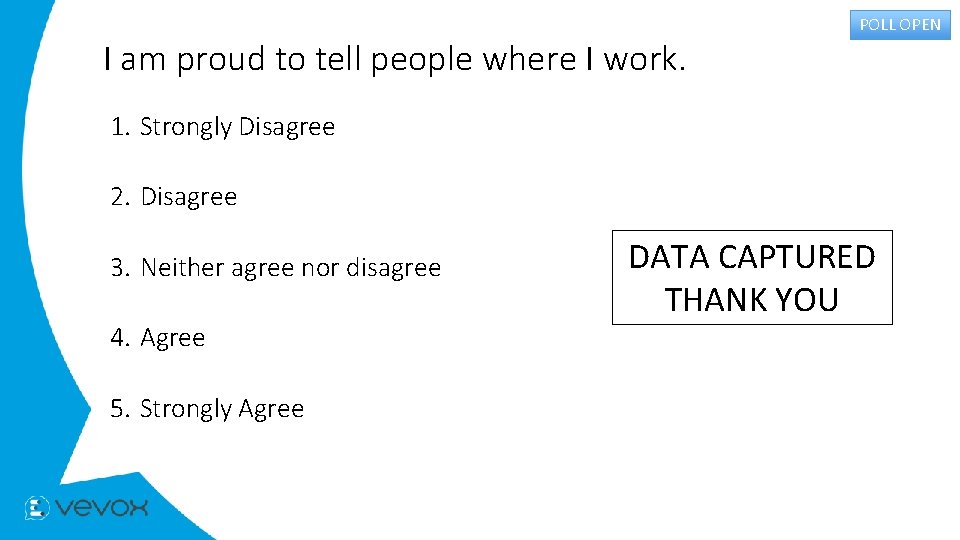 I am proud to tell people where I work. POLL OPEN 1. Strongly Disagree