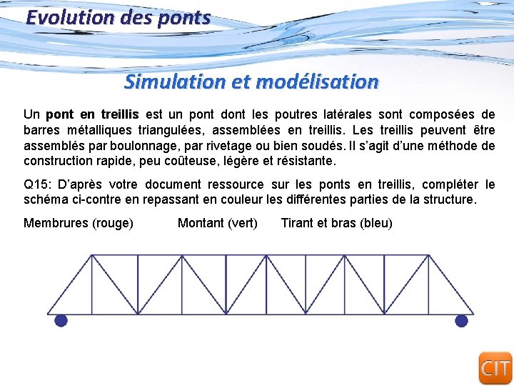 Evolution des ponts Simulation et modélisation Un pont en treillis est un pont dont