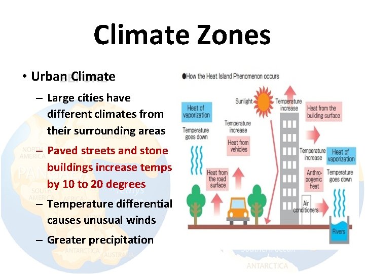 Climate Zones • Urban Climate – Large cities have different climates from their surrounding