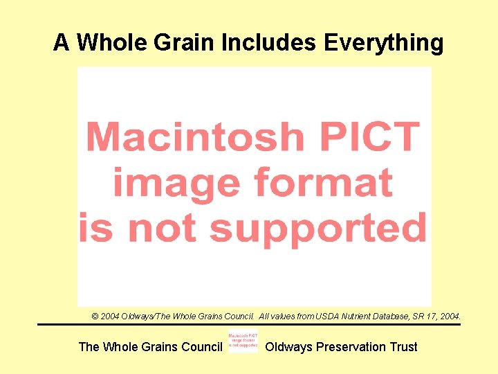 A Whole Grain Includes Everything © 2004 Oldways/The Whole Grains Council. All values from