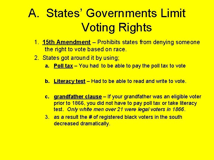 A. States’ Governments Limit Voting Rights 1. 15 th Amendment – Prohibits states from