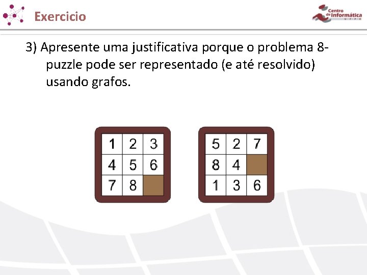 Exercicio 3) Apresente uma justificativa porque o problema 8 puzzle pode ser representado (e Exercicio 3) Apresente uma justificativa porque o problema 8 puzzle pode ser representado (e