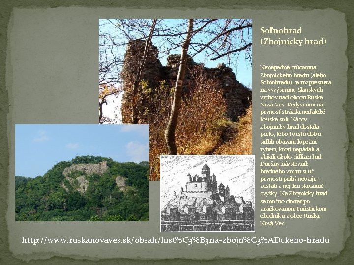 Soľnohrad (Zbojnícky hrad) Nenápadná zrúcanina Zbojníckeho hradu (alebo Soľnohradu) sa rozprestiera na vyvýšenine Slanských