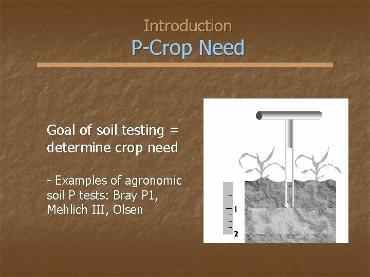 Introduction P-Crop Need Goal of soil testing = determine crop need - Examples of