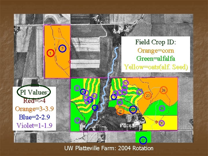 Field Crop ID: Orange=corn Green=alfalfa Yellow=oats(alf. Seed) PI Values: Red=>4 Orange=3 -3. 9 Blue=2