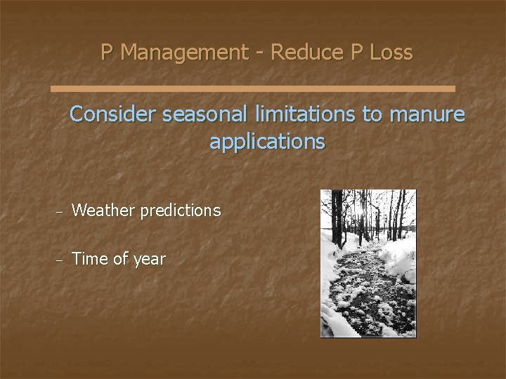 P Management - Reduce P Loss Consider seasonal limitations to manure applications − Weather