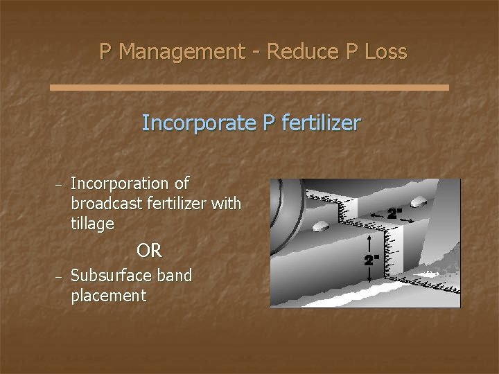 P Management - Reduce P Loss Incorporate P fertilizer − Incorporation of broadcast fertilizer