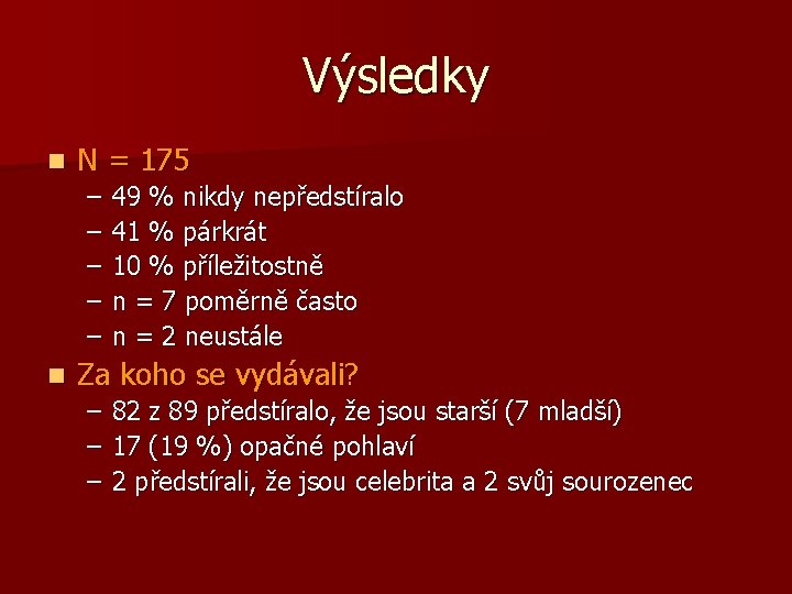 Výsledky n N = 175 – – – n 49 % nikdy nepředstíralo 41