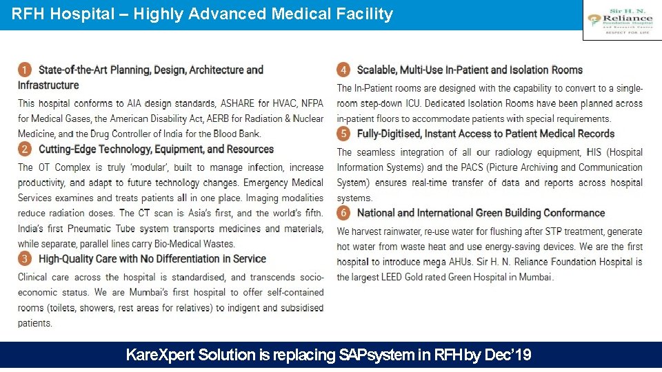RFH Hospital – Highly Advanced Medical Facility Kare. Xpert Solution is replacing SAPsystem in