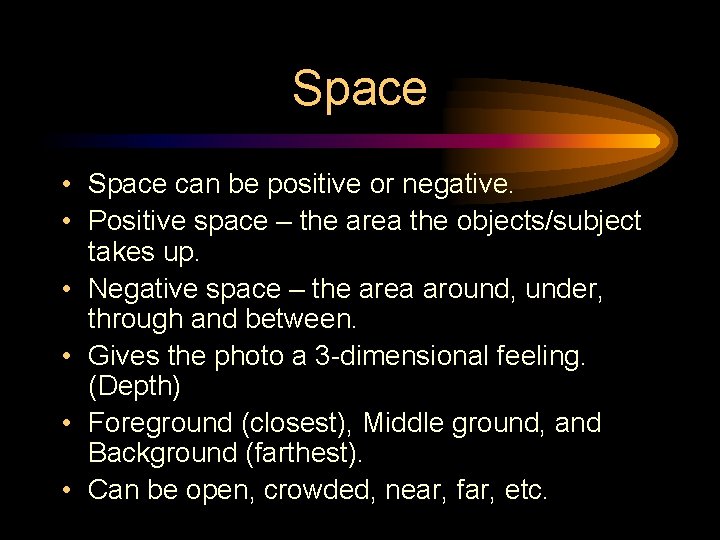 Space • Space can be positive or negative. • Positive space – the area