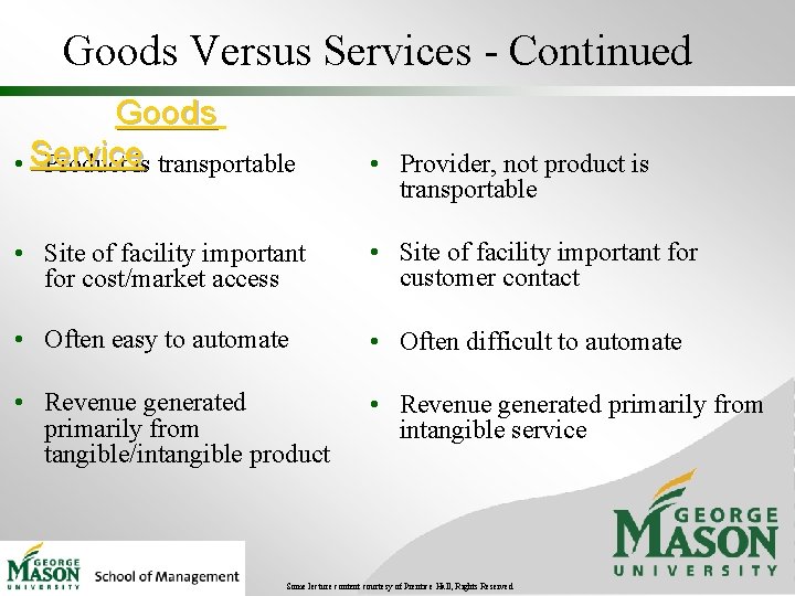 Goods Versus Services - Continued Goods • Service Product is transportable • Provider, not