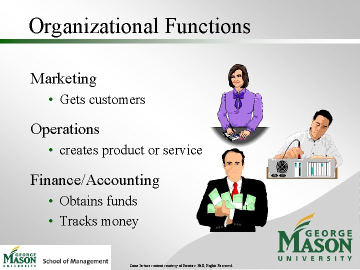 Organizational Functions Marketing • Gets customers Operations • creates product or service Finance/Accounting •