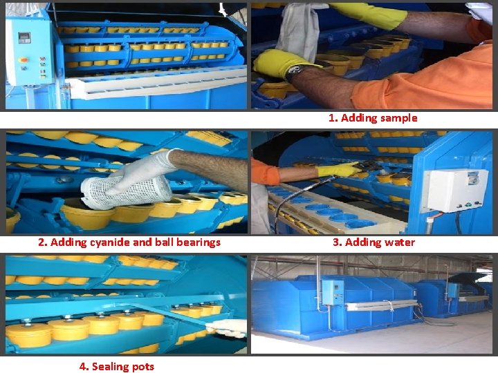 1. Adding sample 2. Adding cyanide and ball bearings 4. Sealing pots 3. Adding 1. Adding sample 2. Adding cyanide and ball bearings 4. Sealing pots 3. Adding