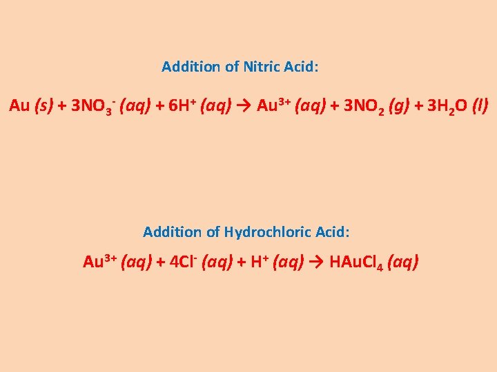Addition of Nitric Acid: Au (s) + 3 NO 3 - (aq) + 6 Addition of Nitric Acid: Au (s) + 3 NO 3 - (aq) + 6