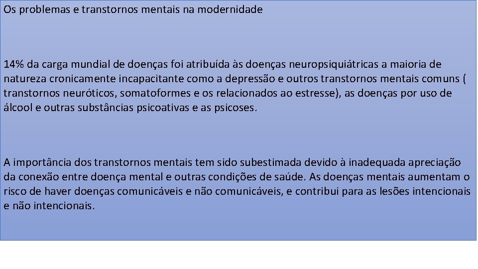 Os problemas e transtornos mentais na modernidade 14% da carga mundial de doenças foi