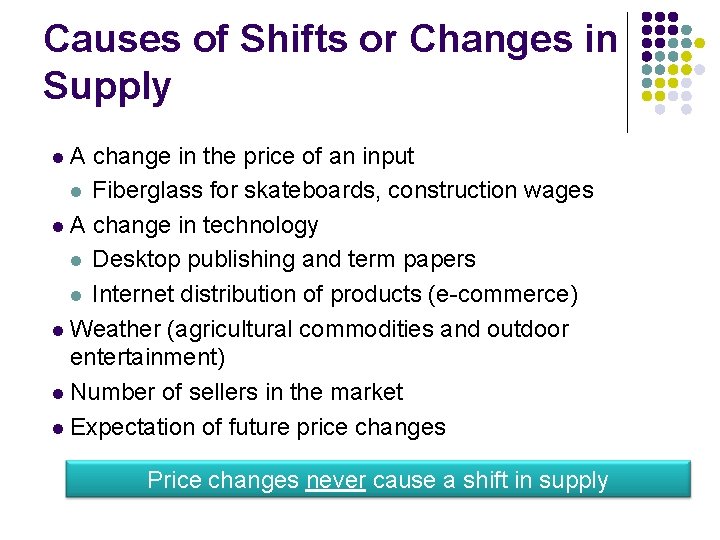 Causes of Shifts or Changes in Supply l. A change in the price of