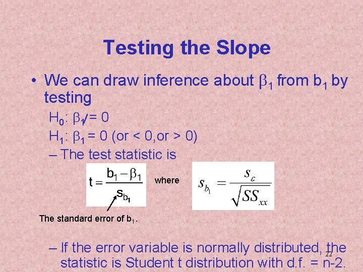 Testing the Slope • We can draw inference about b 1 from b 1
