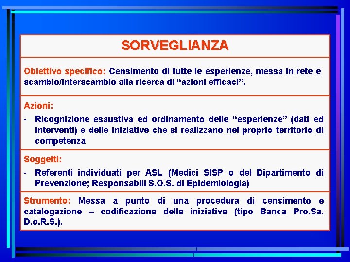 SORVEGLIANZA Obiettivo specifico: Censimento di tutte le esperienze, messa in rete e scambio/interscambio alla