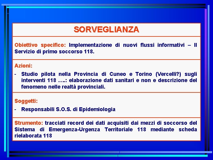 SORVEGLIANZA Obiettivo specifico: Implementazione di nuovi flussi informativi – Il Servizio di primo soccorso