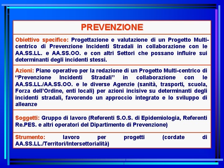 PREVENZIONE Obiettivo specifico: Progettazione e valutazione di un Progetto Multicentrico di Prevenzione Incidenti Stradali