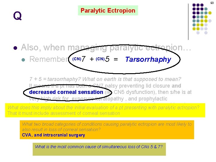 93 Q l Paralytic Ectropion Also, when managing paralytic ectropion… l Remember: (CN)7 +