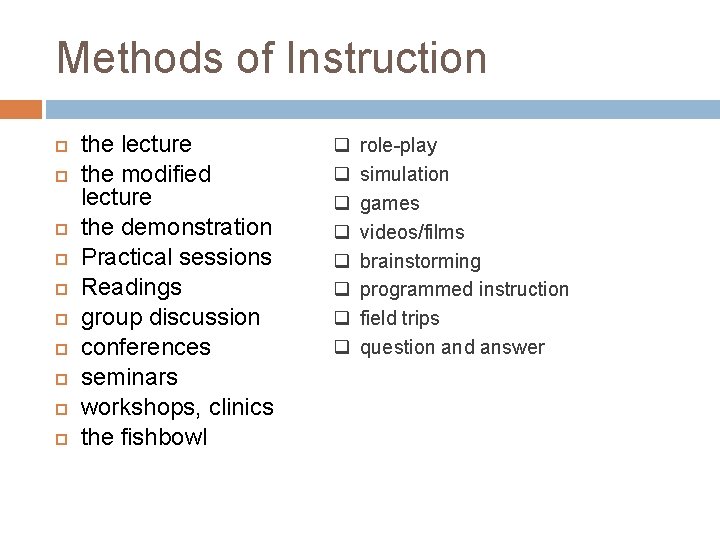 Methods of Instruction the lecture the modified lecture the demonstration Practical sessions Readings group Methods of Instruction the lecture the modified lecture the demonstration Practical sessions Readings group