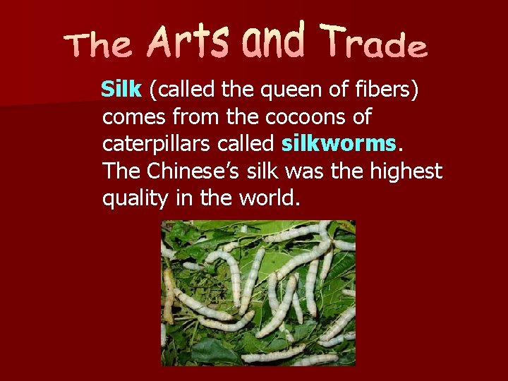 Silk (called the queen of fibers) comes from the cocoons of caterpillars called silkworms.