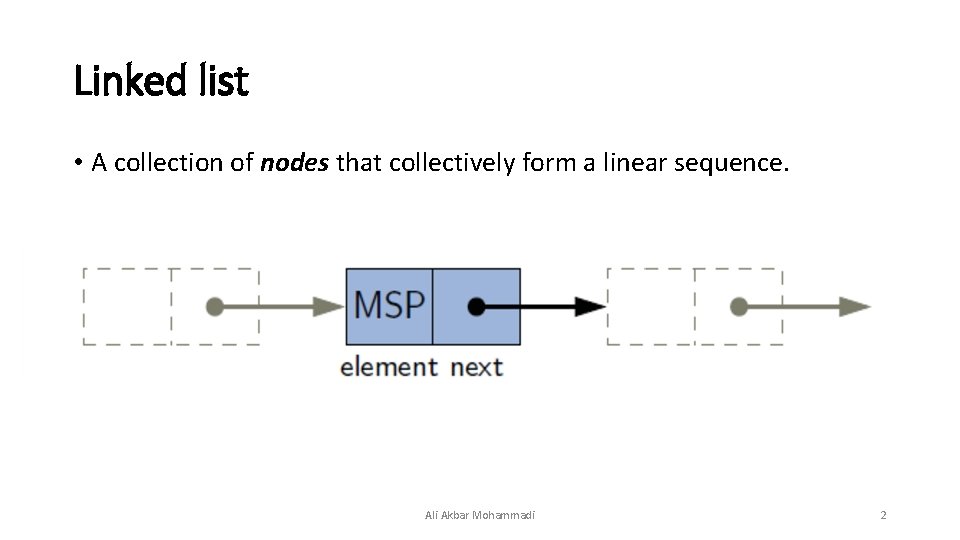 Linked list • A collection of nodes that collectively form a linear sequence. Ali