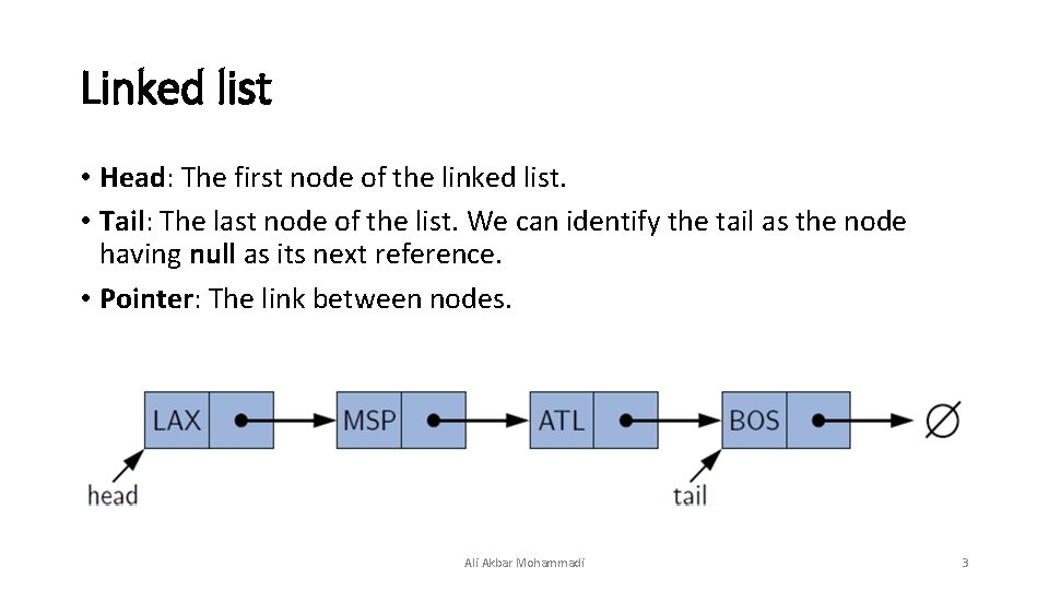 Linked list • Head: The first node of the linked list. • Tail: The