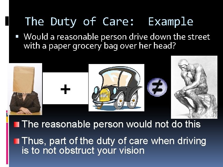 The Duty of Care: Example Would a reasonable person drive down the street with