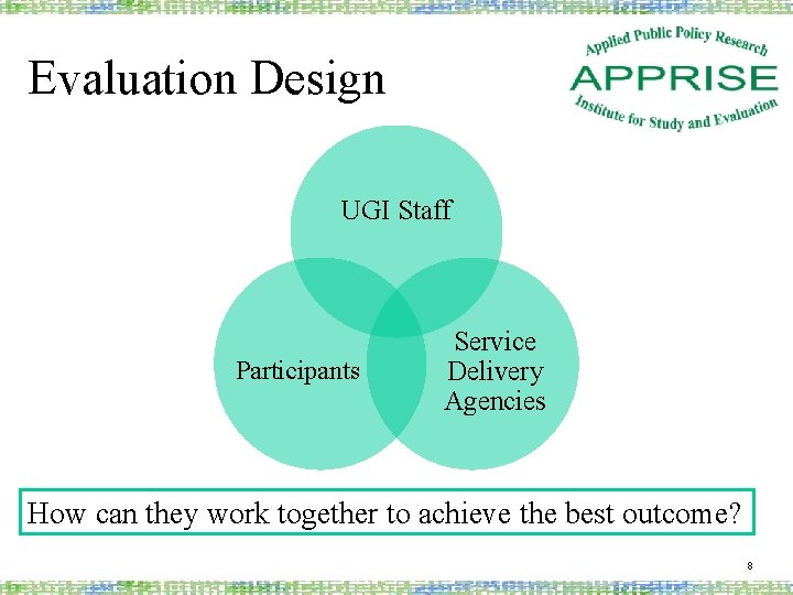 Evaluation Design UGI Staff Participants Service Delivery Agencies How can they work together to