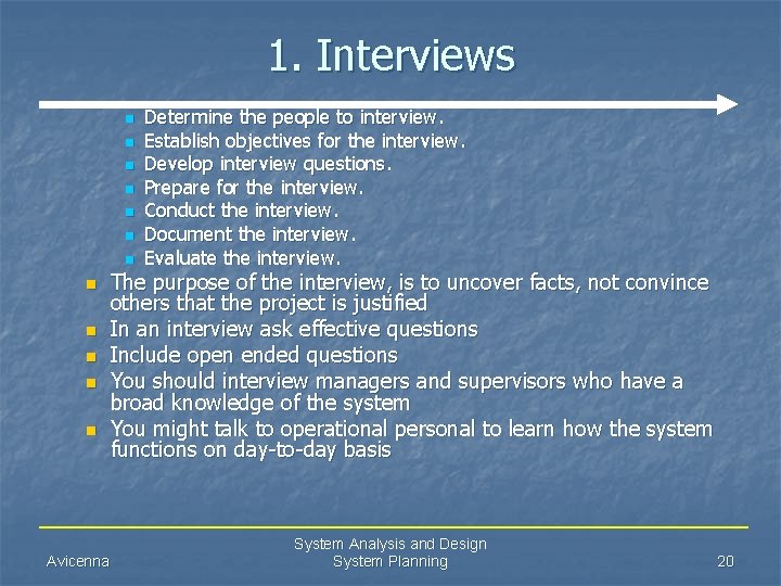 1. Interviews n n n Avicenna Determine the people to interview. Establish objectives for