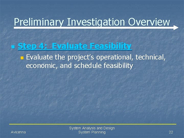 Preliminary Investigation Overview n Step 4: Evaluate Feasibility n Avicenna Evaluate the project’s operational,