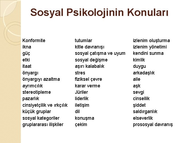 Sosyal Psikolojinin Konuları Konformite ikna güç etki itaat önyargıyı azaltma ayrımcılık stereotipleme pazarlık cinsiyetçilik