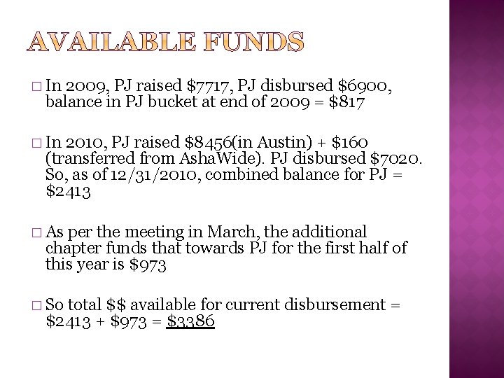 � In 2009, PJ raised $7717, PJ disbursed $6900, balance in PJ bucket at