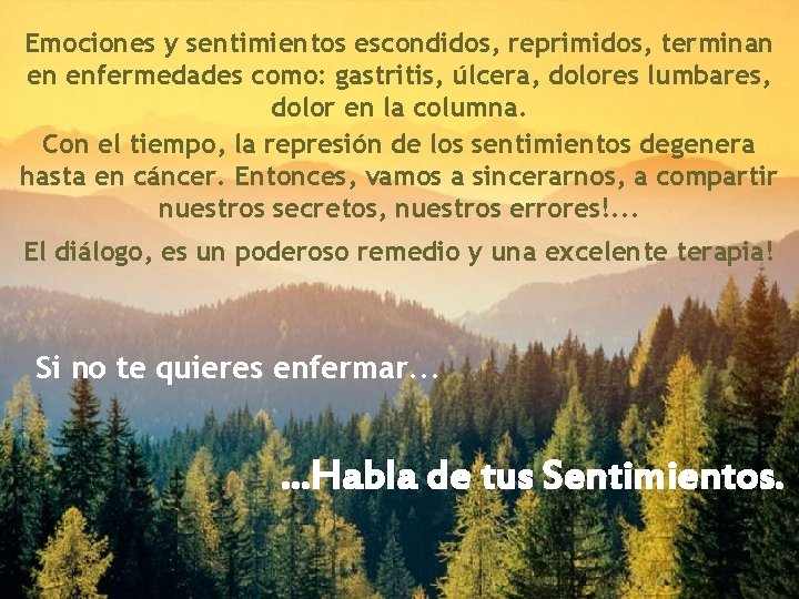 Emociones y sentimientos escondidos, reprimidos, terminan en enfermedades como: gastritis, úlcera, dolores lumbares, dolor