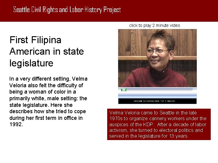 click to play 2 minute video First Filipina American in state legislature In a