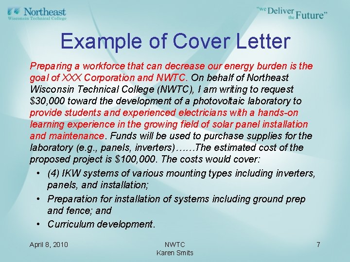 Example of Cover Letter Preparing a workforce that can decrease our energy burden is