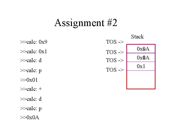 Assignment #2 >>calc: 0 x 9 >>calc: 0 x 1 TOS -> >>calc: d