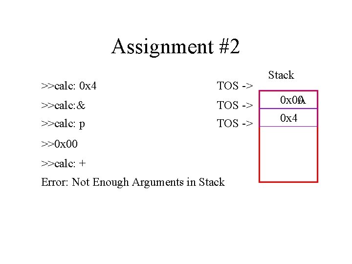 Assignment #2 >>calc: 0 x 4 TOS -> >>calc: & TOS -> >>calc: p