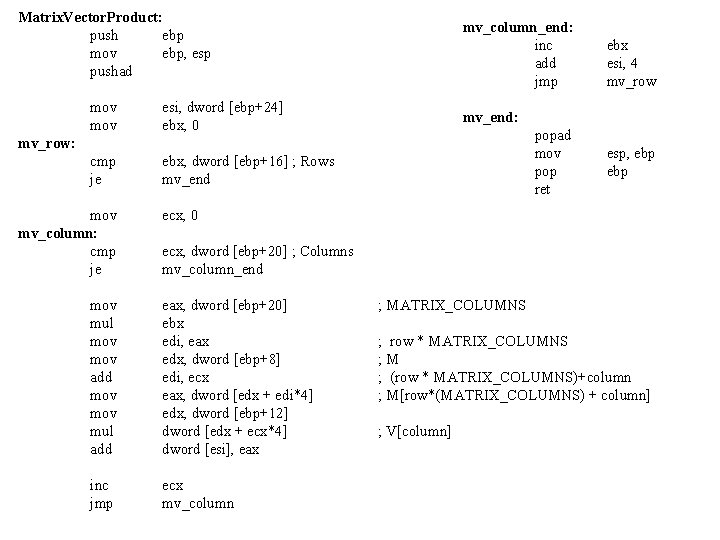 Matrix. Vector. Product: push ebp mov ebp, esp pushad mov esi, dword [ebp+24] ebx,