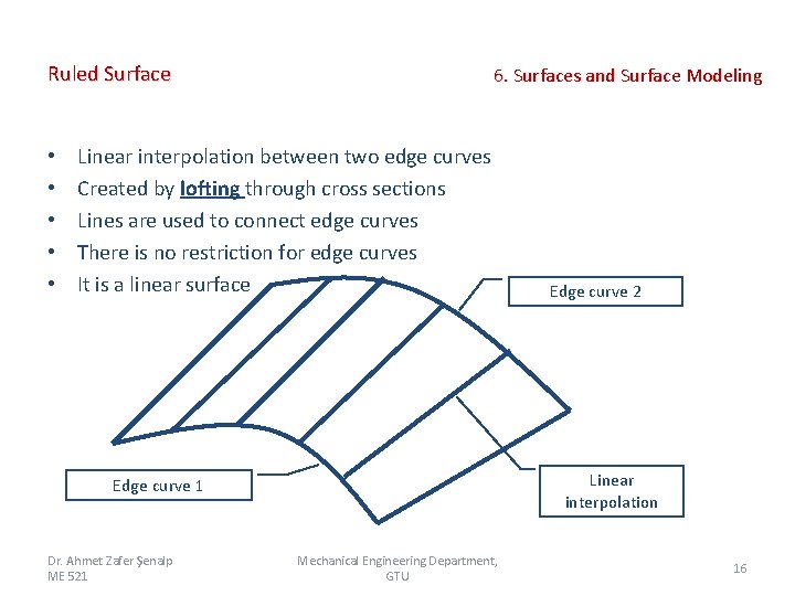 Ruled Surface • • • 6. Surfaces and Surface Modeling Linear interpolation between two Ruled Surface • • • 6. Surfaces and Surface Modeling Linear interpolation between two