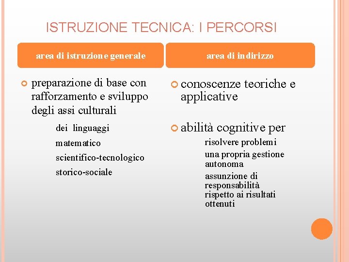 ISTRUZIONE TECNICA: I PERCORSI area di istruzione generale preparazione di base con rafforzamento e