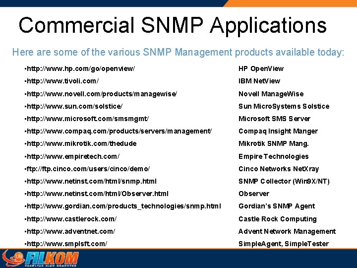Commercial SNMP Applications Here are some of the various SNMP Management products available today: Commercial SNMP Applications Here are some of the various SNMP Management products available today: